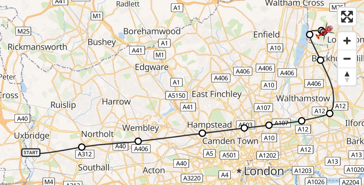 Flight path map showing Air Ambulance Helicopter route from London Borough of Hillingdon to Metropolitan Police Air Support Unit Lippitts Hill