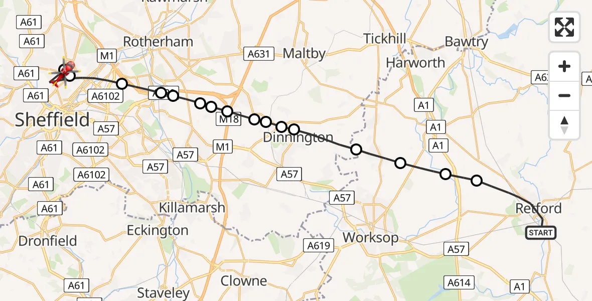 Flight path map showing Air Ambulance Helicopter route from Retford to Sheffield Northern Hospital