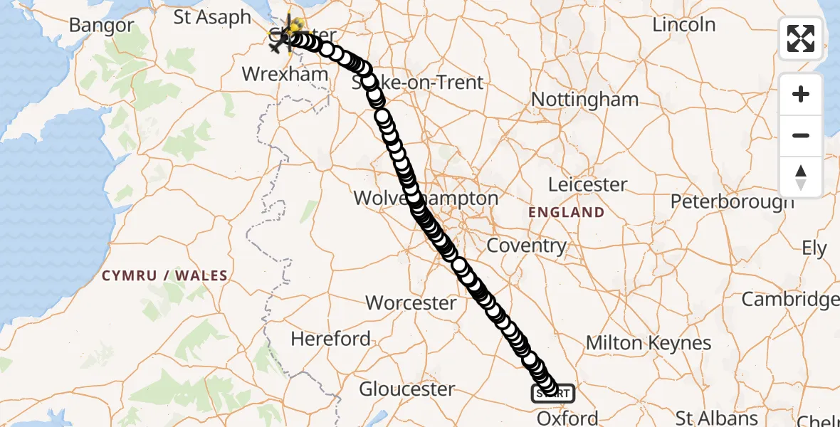 Flight path map showing Police Helicopter route from Woodstock to Sandycroft