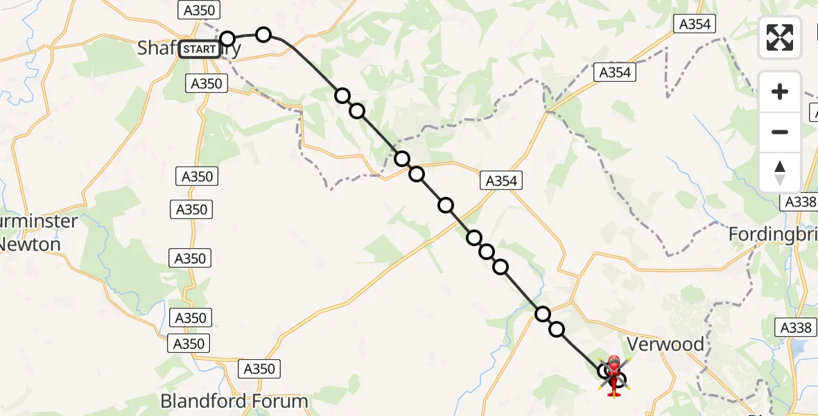 Flight path map showing Air Ambulance Helicopter route from Shaftesbury to Woodlands