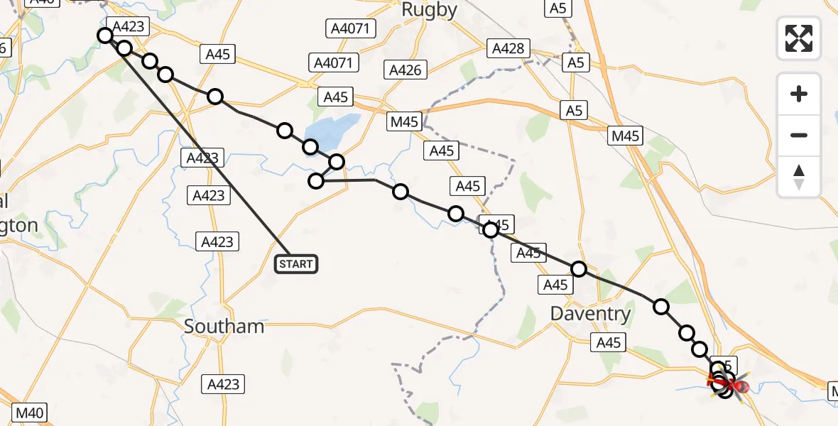 Flight path map showing Air Ambulance Helicopter route from Leamington Hastings CP to Weedon Bec