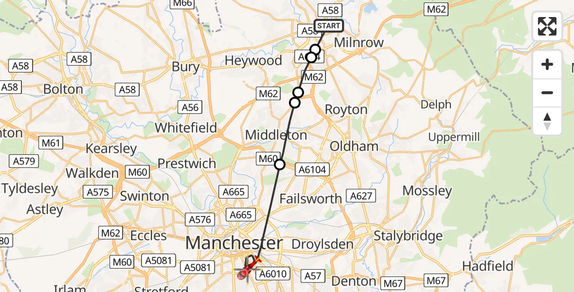 Flight path map showing Air Ambulance Helicopter route from Milnrow to Manchester