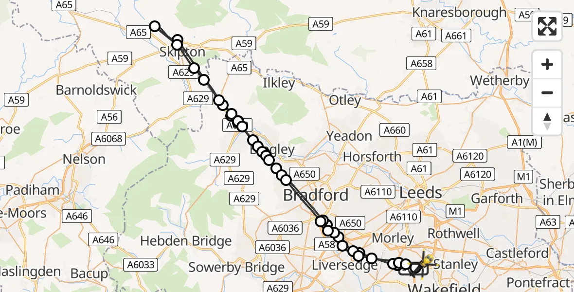 Flight path map showing Police Helicopter route from Woodkirk to East Ardsley