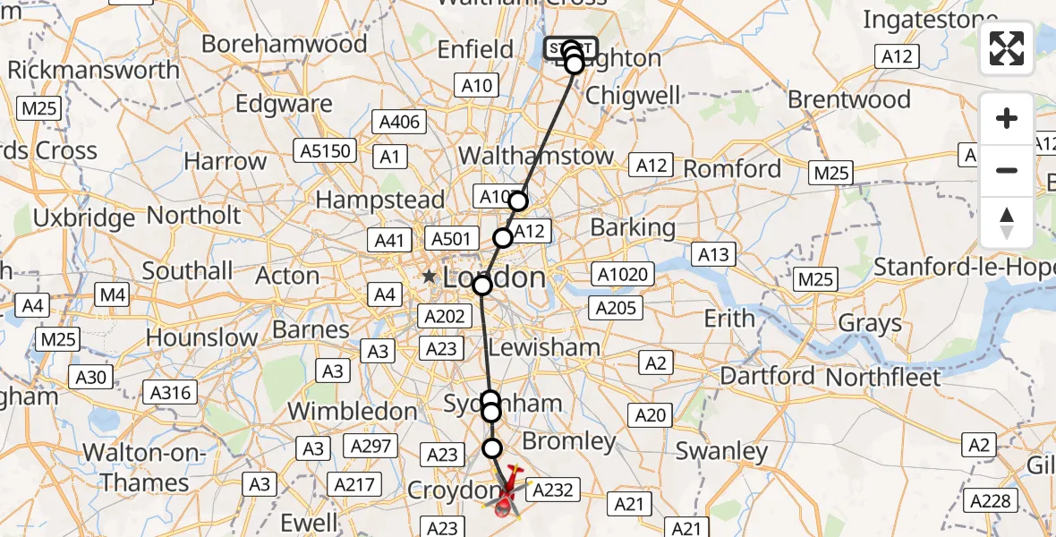 Flight path map showing Air Ambulance Helicopter route from Metropolitan Police Air Support Unit Lippitts Hill to London Borough of Croydon