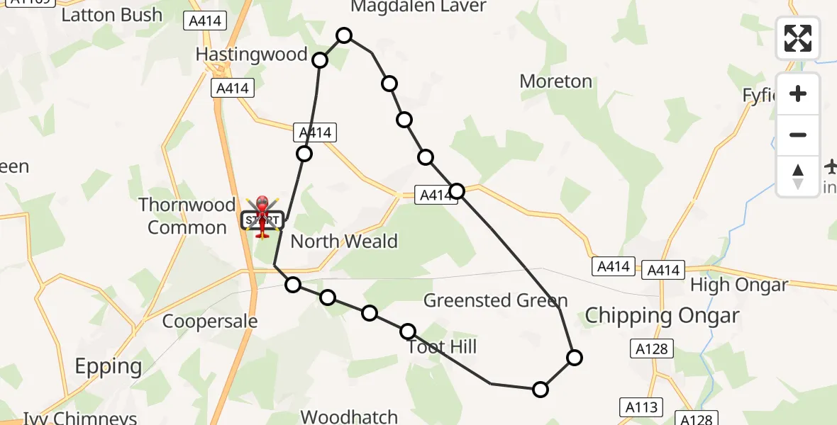 Flight path map showing Air Ambulance Helicopter route from North Weald Airfield to North Weald Airfield