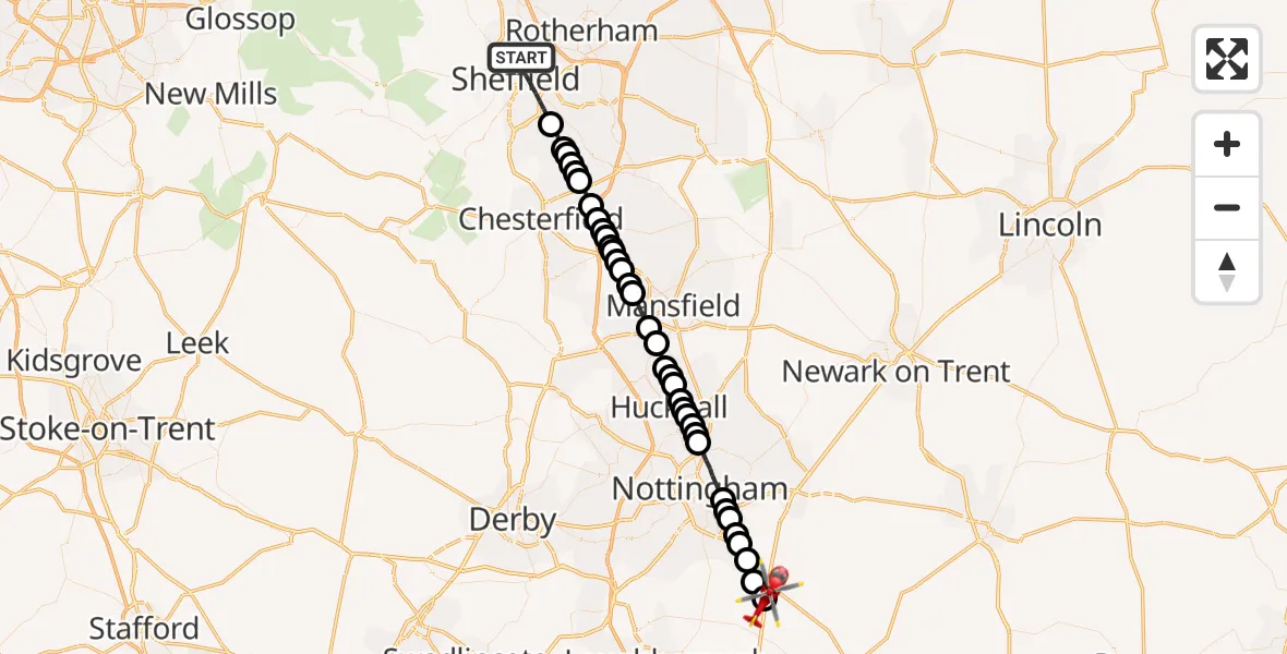 Flight path map showing Air Ambulance Helicopter route from Sheffield to Nottingham Heliport