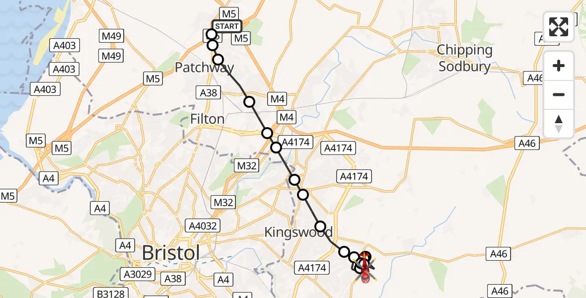 Flight path map showing Air Ambulance Helicopter route from Almondsbury Helicopter Base to Bridge Yate