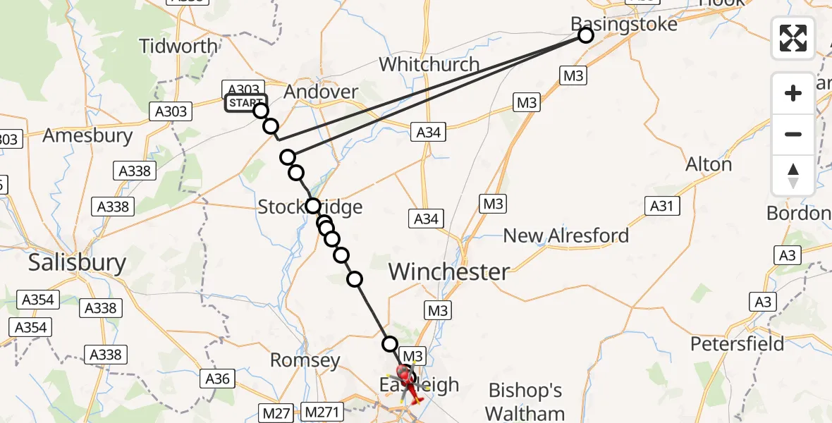 Flight path map showing Air Ambulance Helicopter route from Amport to Eastleigh