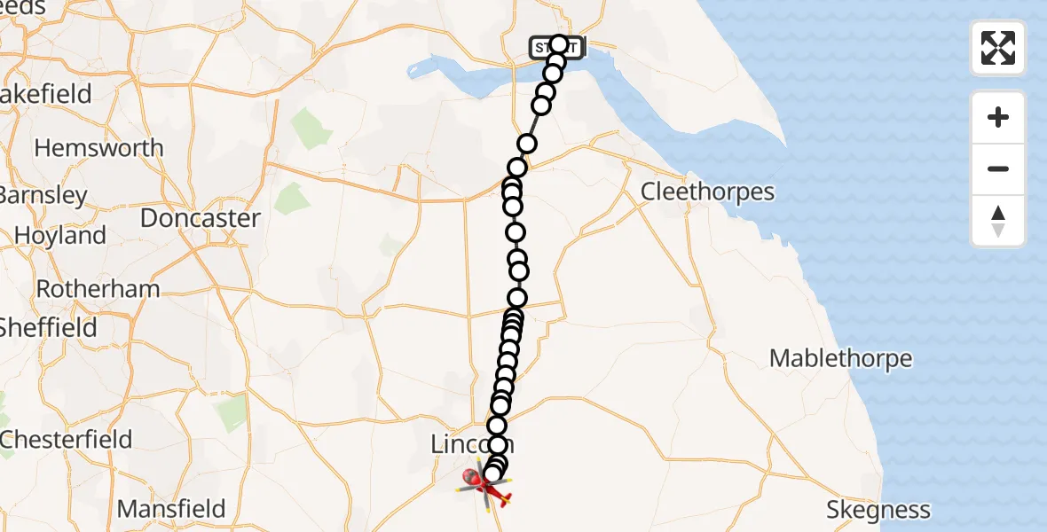 Flight path map showing Air Ambulance Helicopter route from Hull Royal Infirmary to North Kesteven