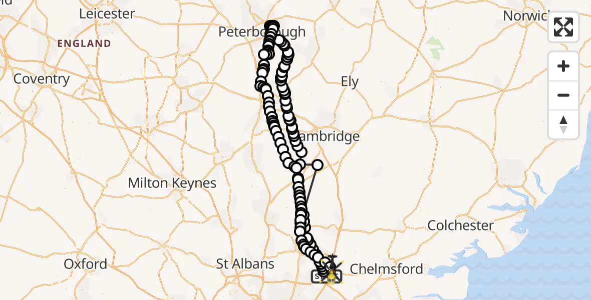Flight path map showing Police Helicopter route from North Weald Bassett to North Weald Bassett