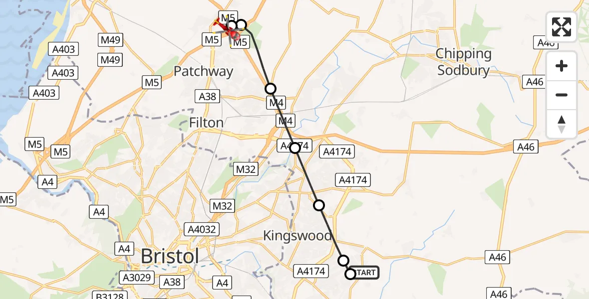 Flight path map showing Air Ambulance Helicopter route from Bridge Yate to Almondsbury Helicopter Base