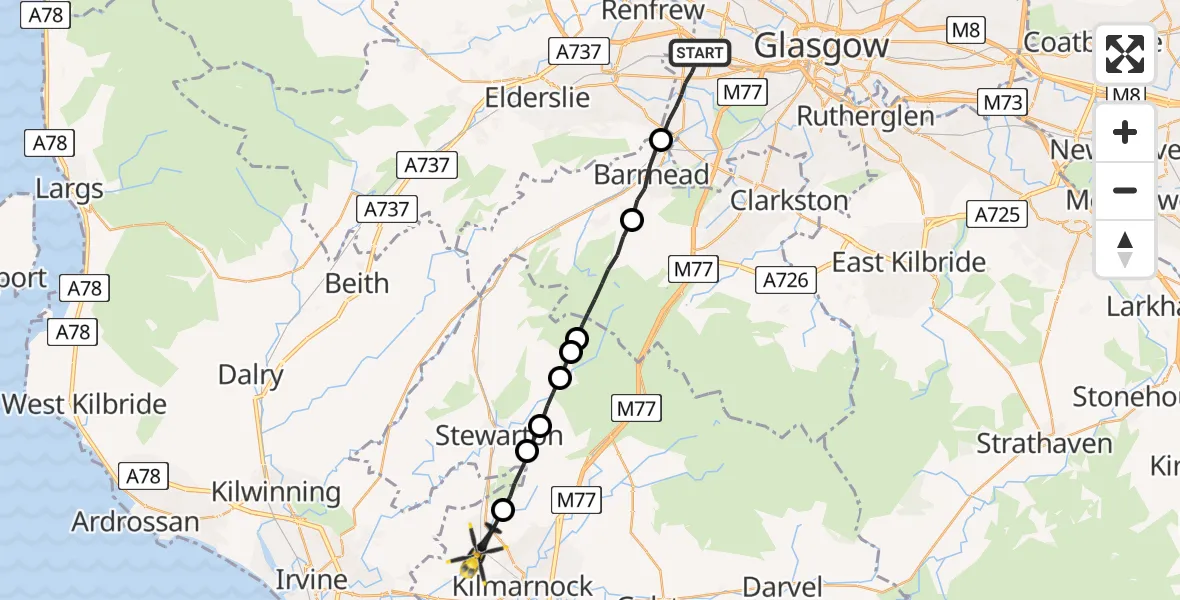 Flight path map showing Police Helicopter route from Glasgow to Knockentiber