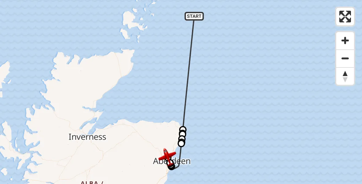 Flight path map showing Air Ambulance Aircraft route from North Sea to Aberdeen International Airport