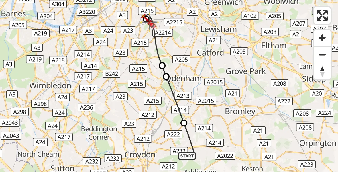 Flight path map showing Air Ambulance Helicopter route from London Borough of Croydon to Kings College London Hospital
