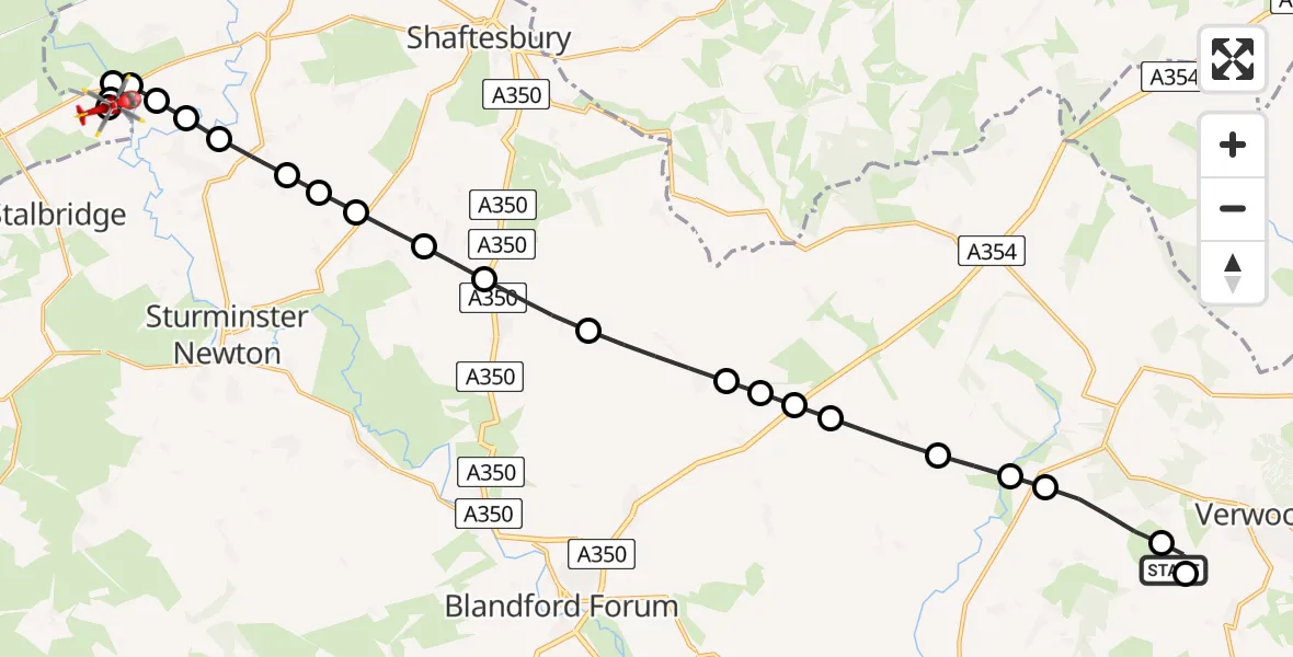 Flight path map showing Air Ambulance Helicopter route from Woodlands to Henstridge Airfield
