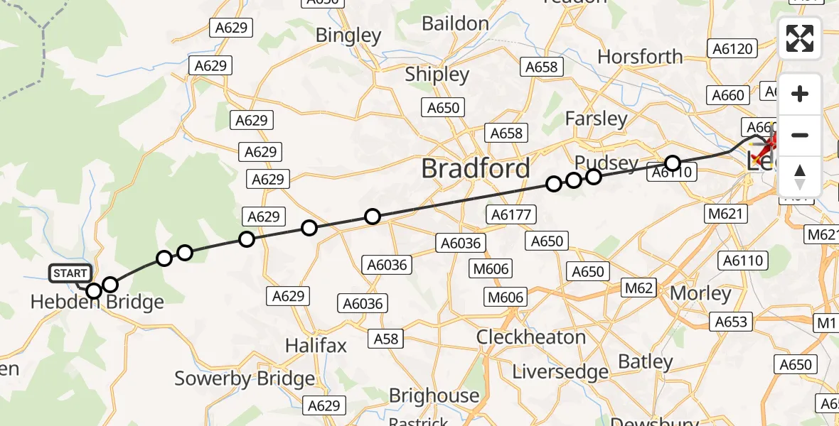 Flight path map showing Air Ambulance Helicopter route from Heptonstall to Leeds