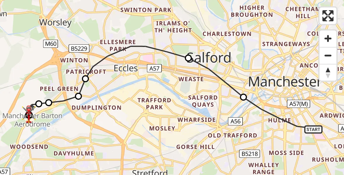 Flight path map showing Air Ambulance Helicopter route from Manchester to Manchester Barton Aerodrome