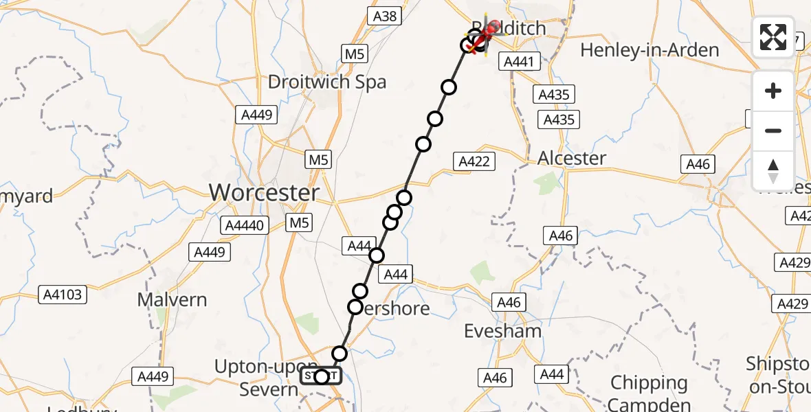 Flight path map showing Air Ambulance Helicopter route from Hill Croome to Redditch