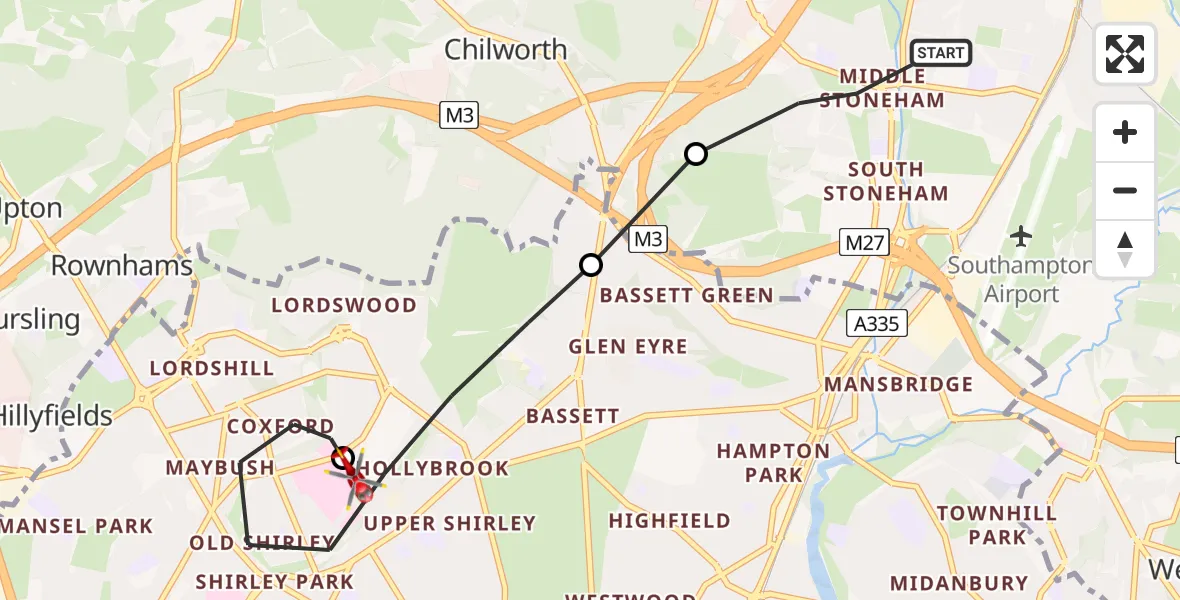 Flight path map showing Air Ambulance Helicopter route from Eastleigh to University Hospital Southampton