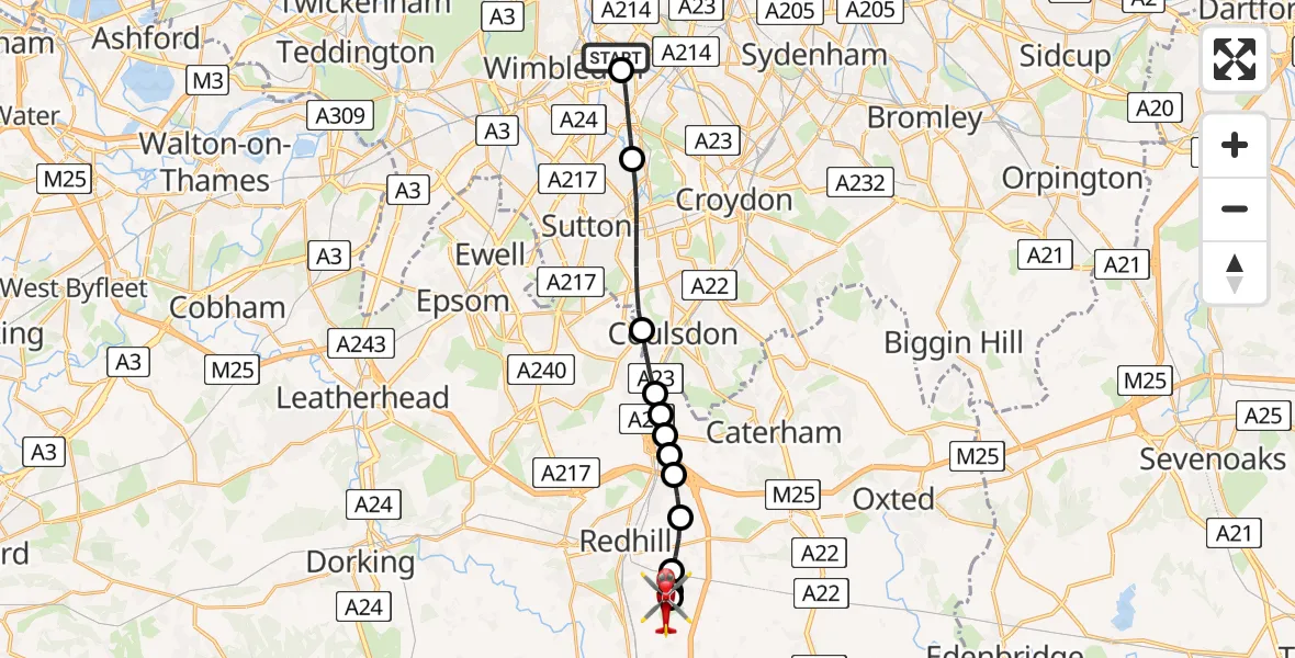 Flight path map showing Air Ambulance Helicopter route from St Georges Hospital to Redhill Aerodrome