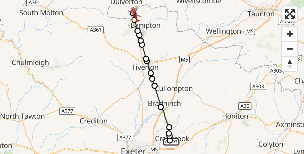 Flight path map showing Air Ambulance Helicopter route from Rockbeare to Mid Devon