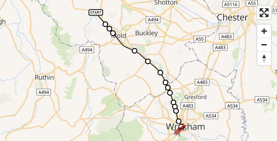Flight path map showing Air Ambulance Helicopter route from Rhydymwyn to Wrexham
