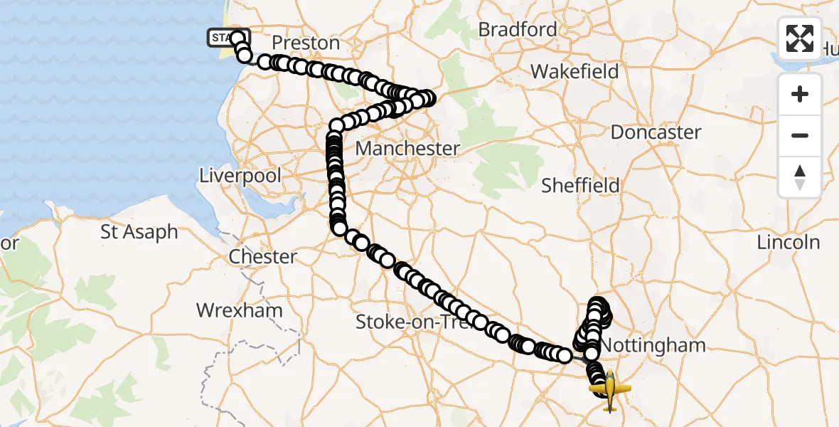 Flight path map showing Police Aircraft route from Blackpool Airport to East Midlands Airport