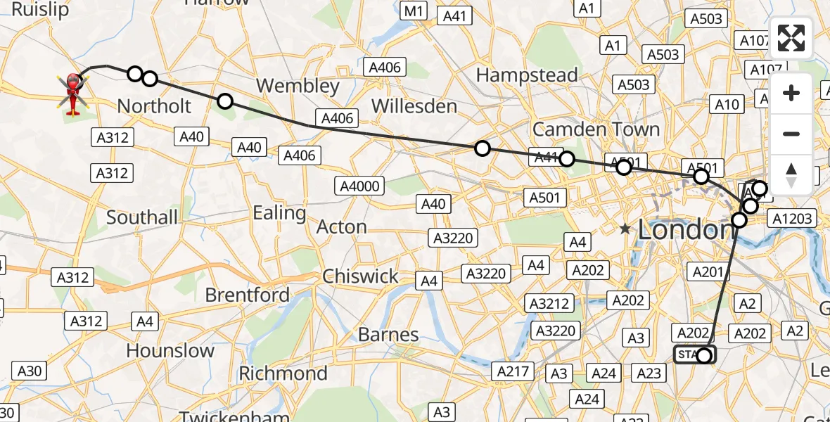 Flight path map showing Air Ambulance Helicopter route from Kings College London Hospital to RAF Northolt