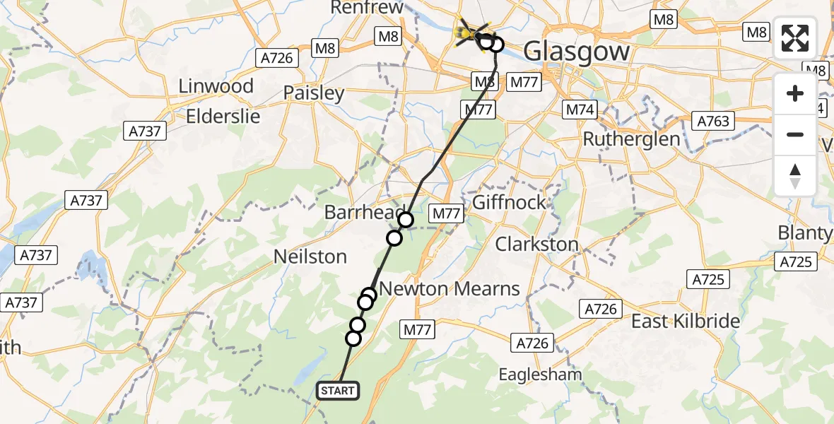 Flight path map showing Police Helicopter route from Kingsford to Glasgow
