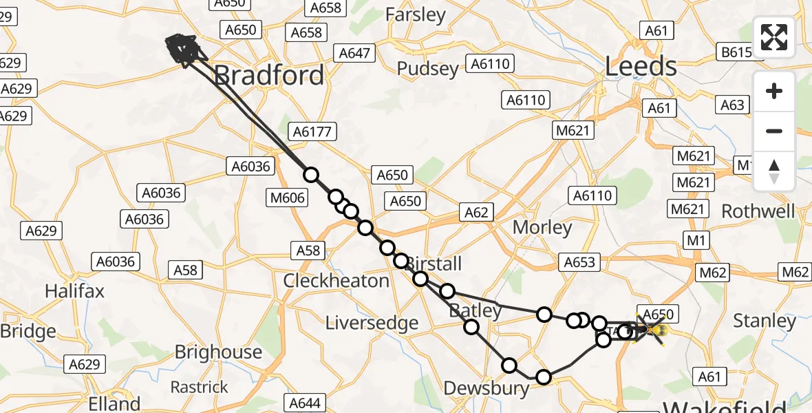 Flight path map showing Police Helicopter route from East Ardsley to East Ardsley