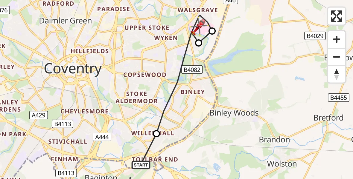 Flight path map showing Air Ambulance Helicopter route from Coventry Airport to Coventry