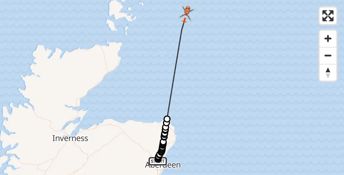 Flight path map showing Coastguard Helicopter route from Aberdeen International Airport to North Sea