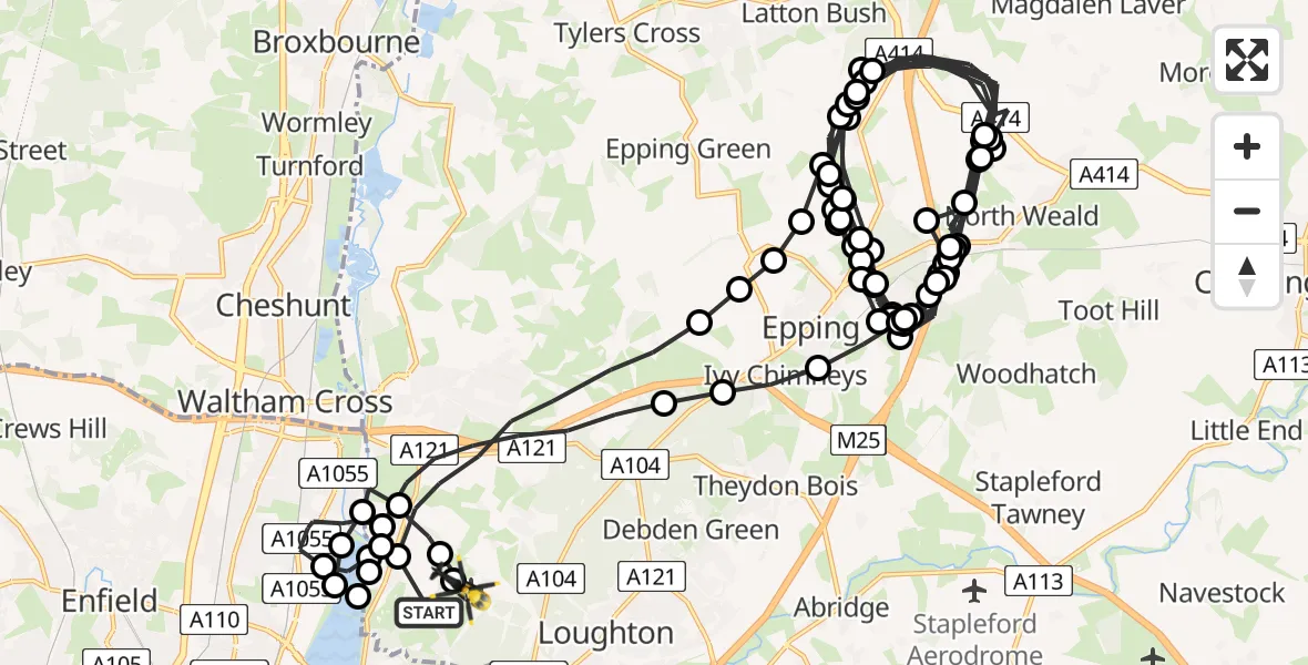 Flight path map showing Police Helicopter route from Sewardstonebury to Metropolitan Police Air Support Unit Lippitts Hill