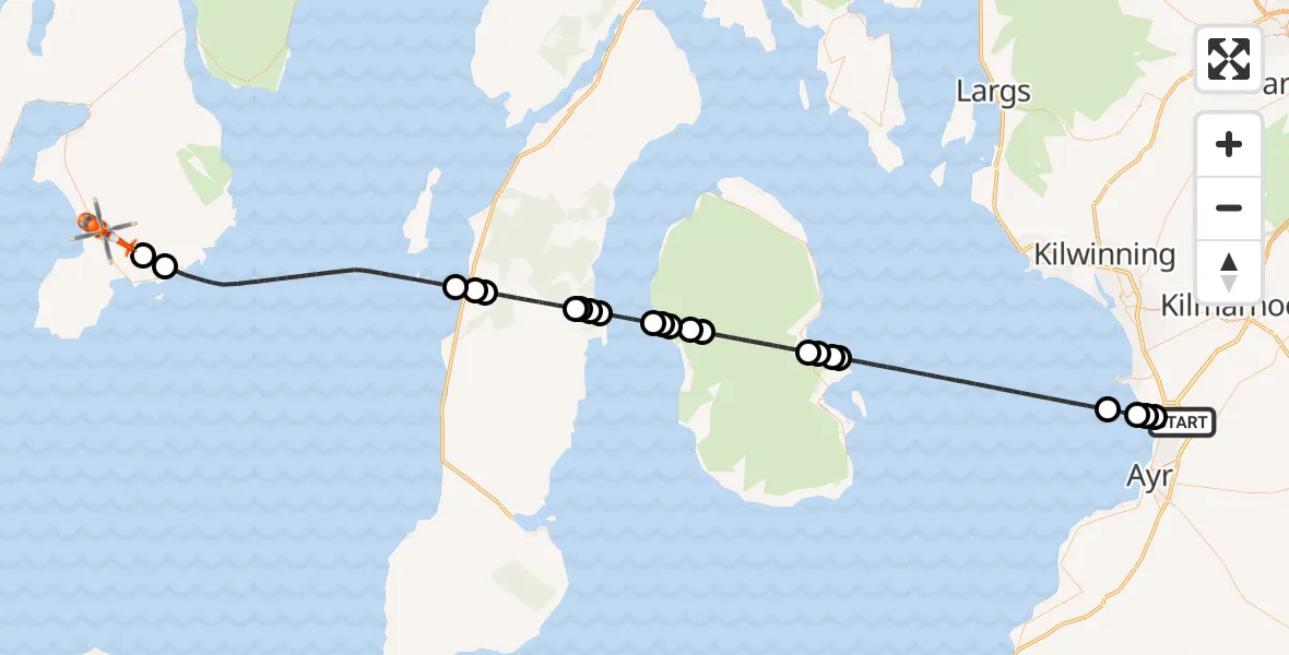 Flight path map showing Coastguard Helicopter route from Glasgow Prestwick Airport to Glenegedale