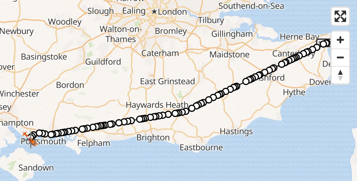 Flight path map showing Coastguard Helicopter route from Manston Airport to Solent Airport