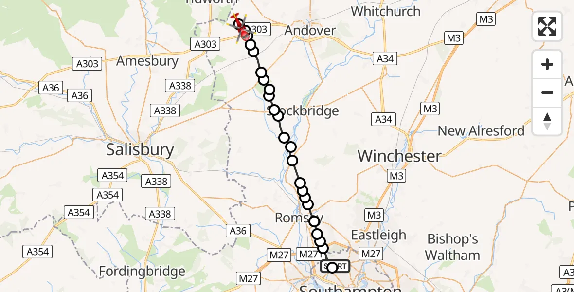 Flight path map showing Air Ambulance Helicopter route from University Hospital Southampton to Kimpton