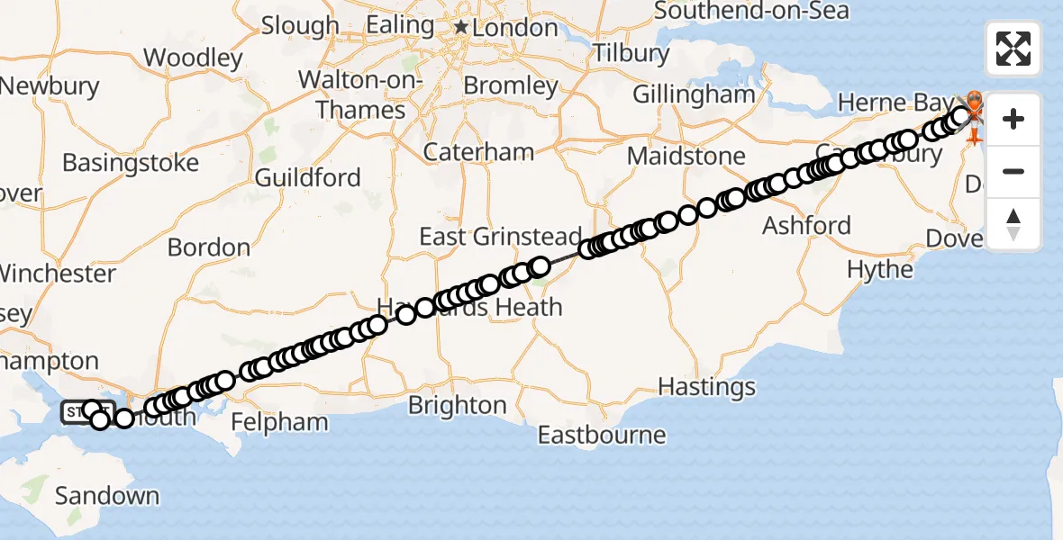 Flight path map showing Coastguard Helicopter route from Solent Airport to Manston Airport