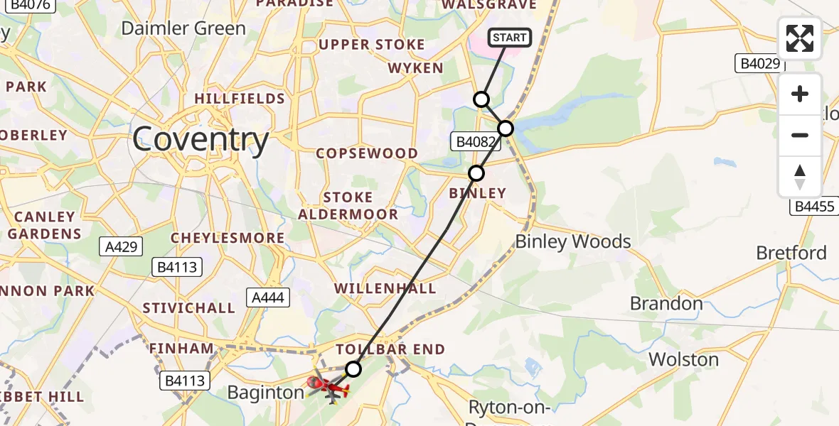 Flight path map showing Air Ambulance Helicopter route from University Hospital Coventry to Coventry Airport