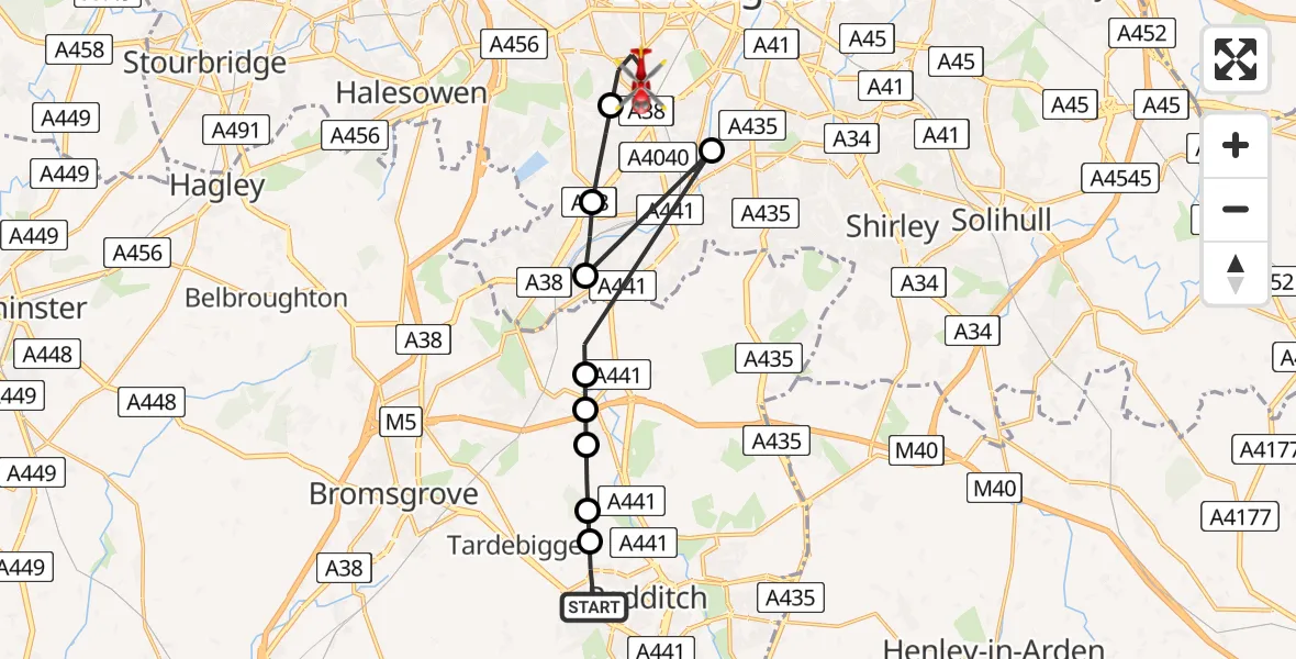 Flight path map showing Air Ambulance Helicopter route from Redditch to Queen Elizabeth Hospital Helipad