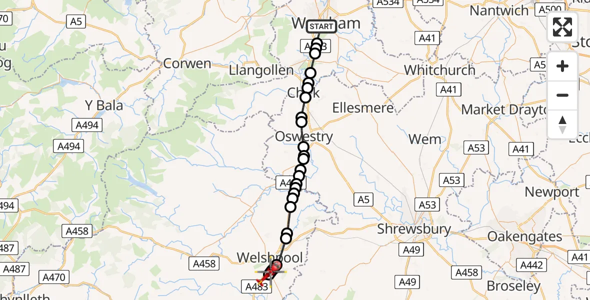 Flight path map showing Air Ambulance Helicopter route from Wrexham to Welshpool Airport