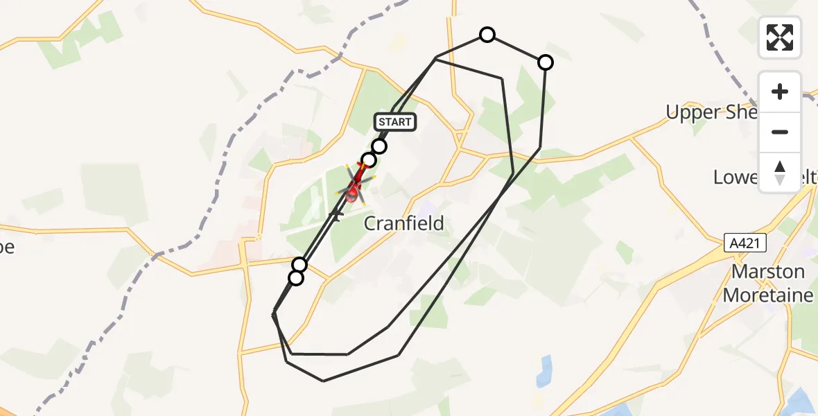 Flight path map showing Air Ambulance Helicopter route from Cranfield Airport to Cranfield Airport