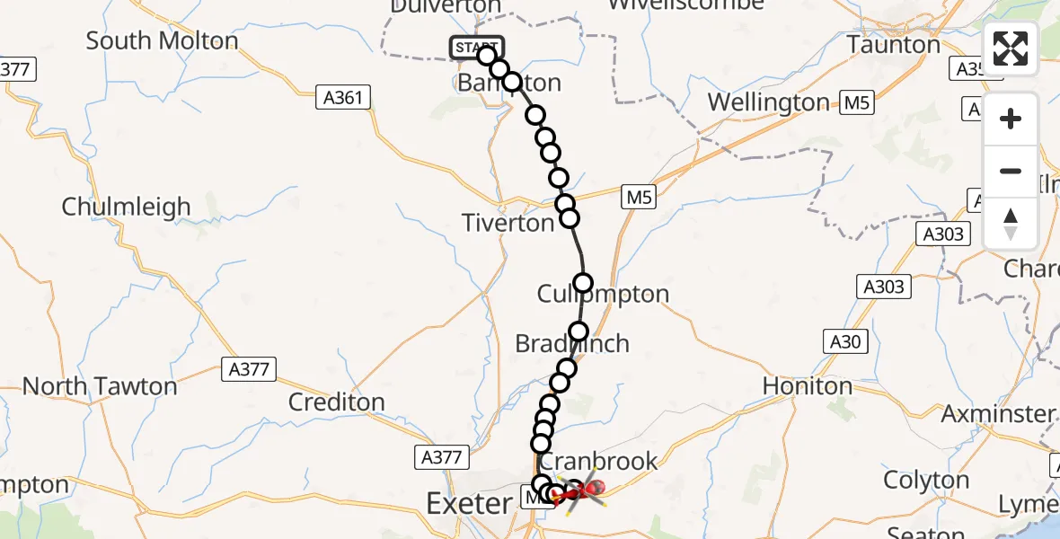 Flight path map showing Air Ambulance Helicopter route from Mid Devon to Exeter International Airport