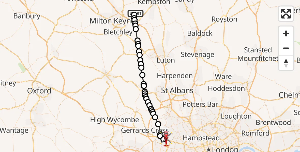 Flight path map showing Air Ambulance Helicopter route from Cranfield Airport to RAF Northolt