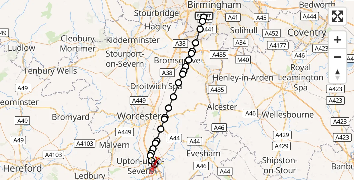 Routekaart van de vlucht: Air Ambulance Helicopter to Hill Croome, M5