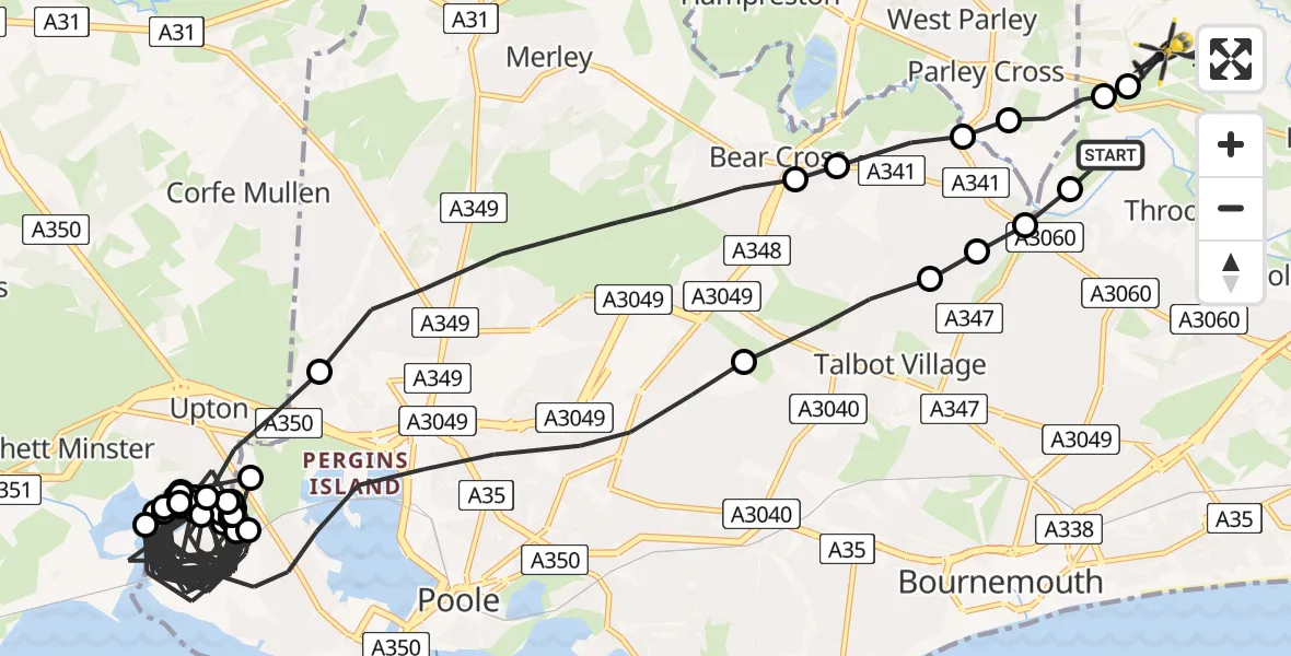 Flight path map showing Police Helicopter route from Hurn to Bournemouth Airport
