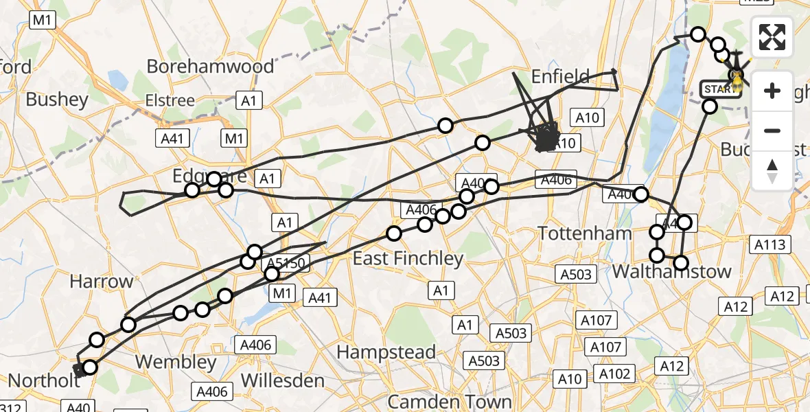 Routekaart van de vlucht: Police Helicopter to Metropolitan Police Air Support Unit Lippitts Hill, Bury Road