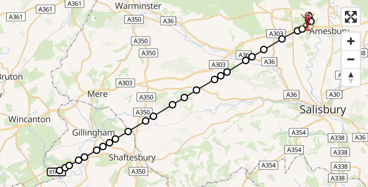 Flight path map showing Air Ambulance Helicopter route from Henstridge Airfield to Larkhill