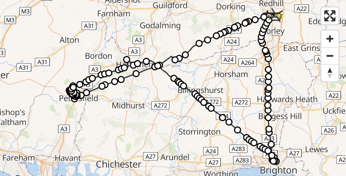 Flight path map showing Police Helicopter route from Salfords to Salfords