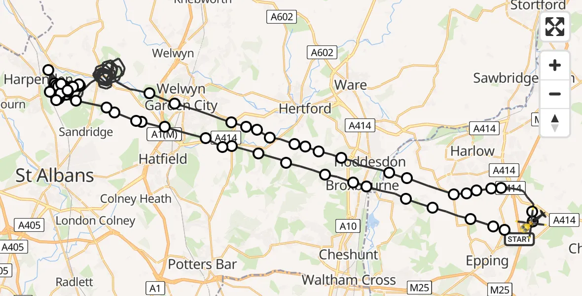 Flight path map showing Police Helicopter route from North Weald Airfield to North Weald Bassett