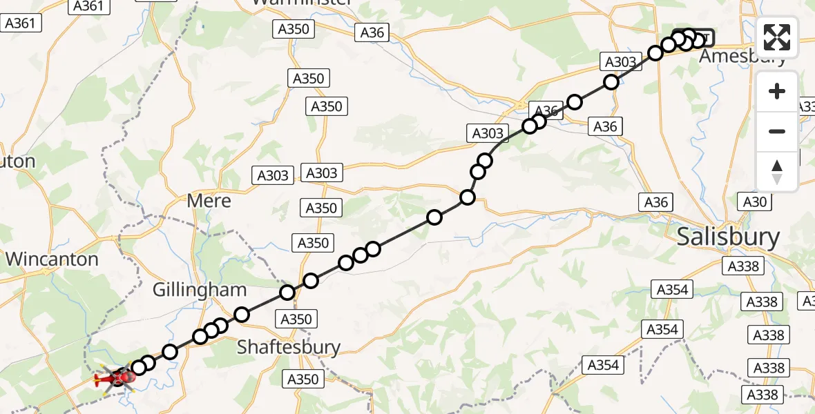 Flight path map showing Air Ambulance Helicopter route from Larkhill to Henstridge Airfield